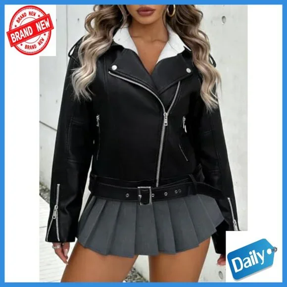 Oversized Faux Leather Motorcycle Jacket with Hood and Belt